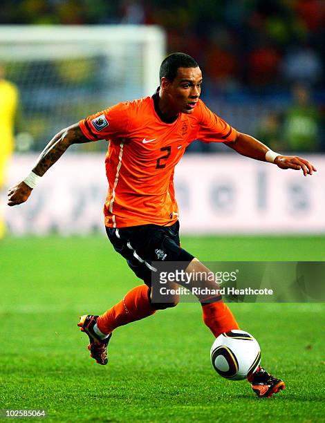 Gregory Van Der Wiel of the Netherlands in action during the 2010 FIFA World Cup South Africa Quarter Final match between Netherlands and Brazil at...