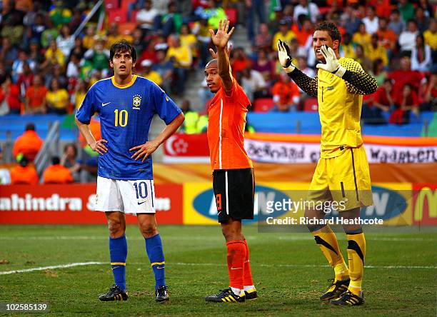 Maarten Stekelenburg , Nigel De Jong of the Netherlands and Kaka of Brazil prepare for a corner kick during the 2010 FIFA World Cup South Africa...