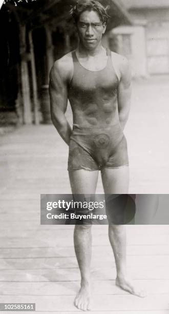 The famous Hawaiian swimmer Duke Kahanamoku , poses in his bathing suit, 1912. He won gold medals in the 100 meter freestyle event in 1912 and 1920,...