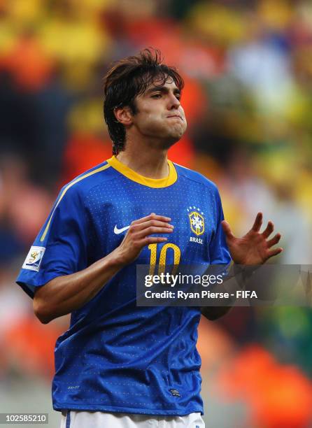 Kaka reacts during the 2010 FIFA World Cup South Africa Quarter Final match between Netherlands and Brazil at Nelson Mandela Bay Stadium on July 2,...