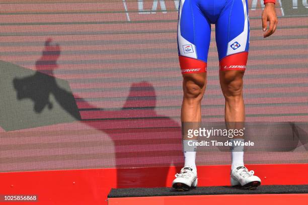 Podium / Rudy Molard of France and Team Groupama FDJ Red Leader Jersey / Celebration / Shadow / Legs / Bull Mascot / Detail view / during the 73rd...