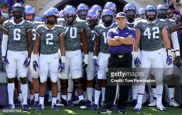 Head coach Gary Patterson of the TCU Horned Frogs prepares to take the field with his team before taking on the Southern University Jaguars at Amon...