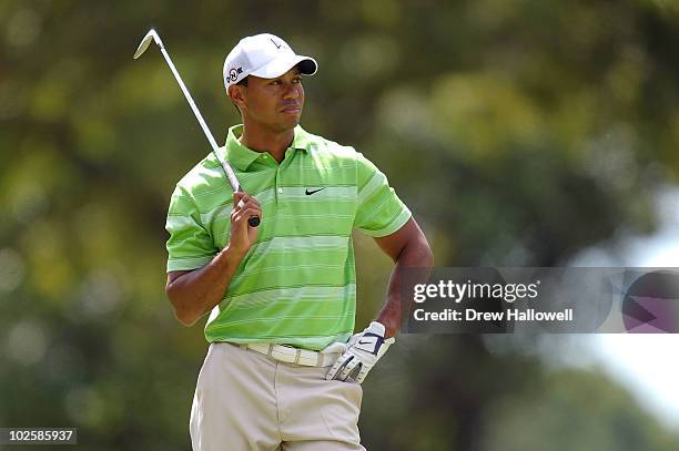 Tiger Woods reacts after his second shot on the second hole during the second round of the AT&T National at Aronimink Golf Club on July 2, 2010 in...