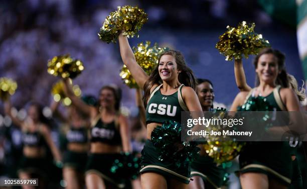 Colorado State Rams cheerleaders during a football game against Colorado Buffaloes at Broncos Stadium at Mile High on August 31, 2018 in Denver,...