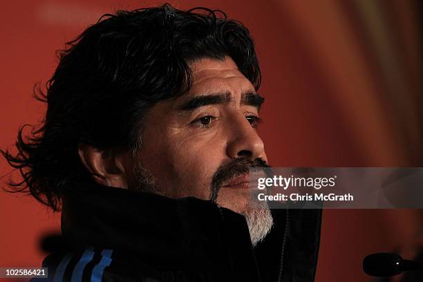 Argentina's head coach Diego Maradona speaks to the media during a press conference at Green Point Arena on July 2, 2010 in Cape Town, South Africa.