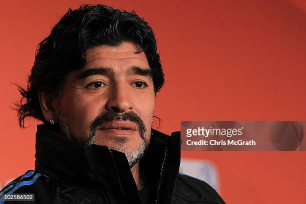 Argentina's head coach Diego Maradona speaks to the media during a press conference at Green Point Arena on July 2, 2010 in Cape Town, South Africa.