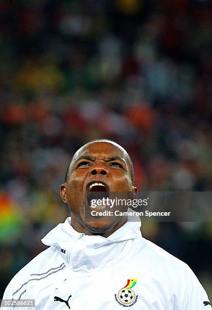 Richard Kingson of Ghana sings his national anthem prior to the 2010 FIFA World Cup South Africa Quarter Final match between Uruguay and Ghana at the...