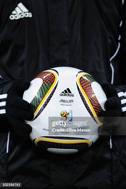 The Jabulani match ball is pictured prior to the 2010 FIFA World Cup South Africa Quarter Final match between Uruguay and Ghana at the Soccer City...
