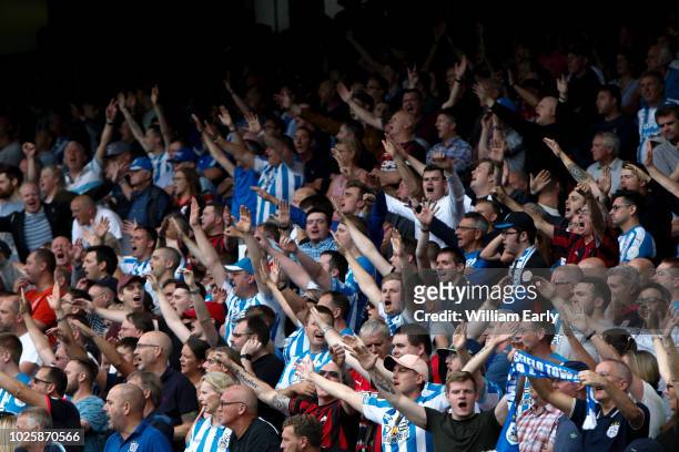Huddersfield Town Supporters during the Premier League match between Everton FC and Huddersfield Town at Goodison Park on September 1, 2018 in...