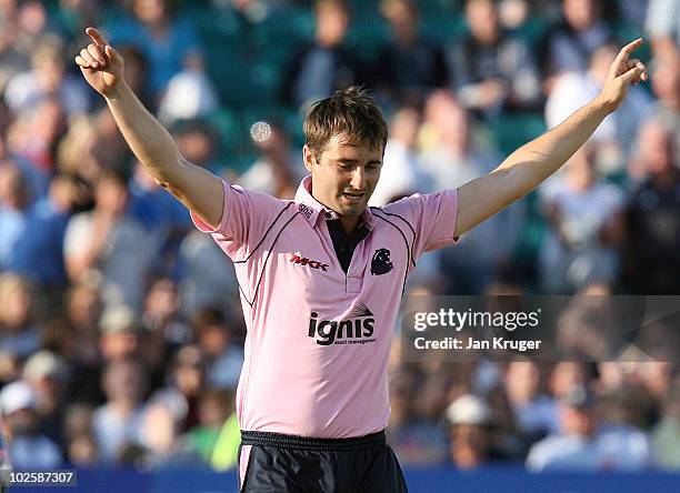 Tim Murtagh of Middlesex celebrate the wicket of Matt Prior of Sussex during the Friends Provident T20 match between Sussex and Middlesex at the...