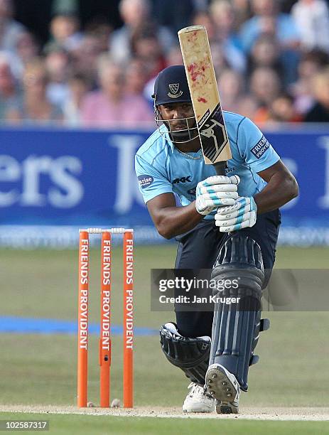 Dwayne Smith of Sussex in action during the Friends Provident T20 match between Sussex and Middlesex at the County Ground on July 02, 2010 in Hove,...