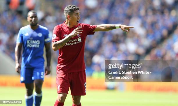 Liverpool's Roberto Firmino during the Premier League match between Leicester City and Liverpool FC at The King Power Stadium on September 1, 2018 in...