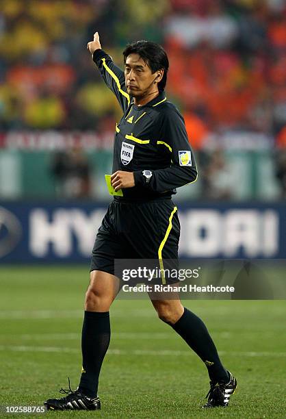 Referee Yuichi Nishimura in action during the 2010 FIFA World Cup South Africa Quarter Final match between Netherlands and Brazil at Nelson Mandela...