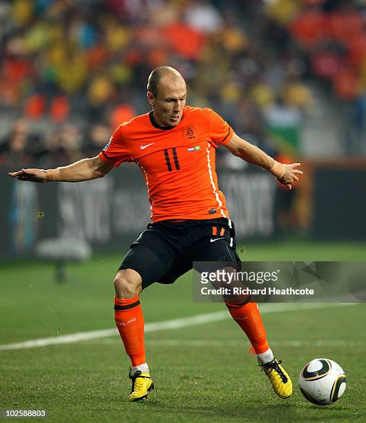 Arjen Robben of The Netherlands in action during the 2010 FIFA World Cup South Africa Quarter Final match between Netherlands and Brazil at Nelson...