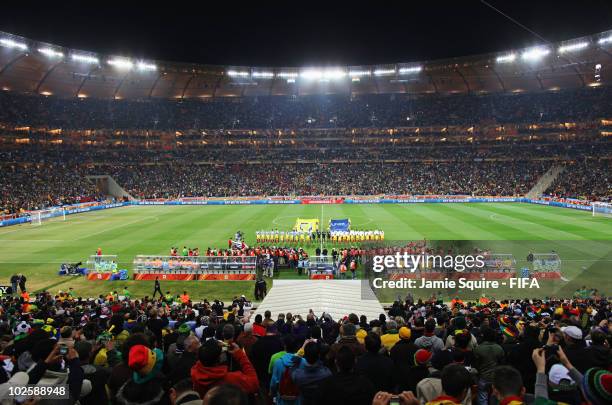 General view of atmosphere as the teams line up ahead of the 2010 FIFA World Cup South Africa Quarter Final match between Uruguay and Ghana at the...