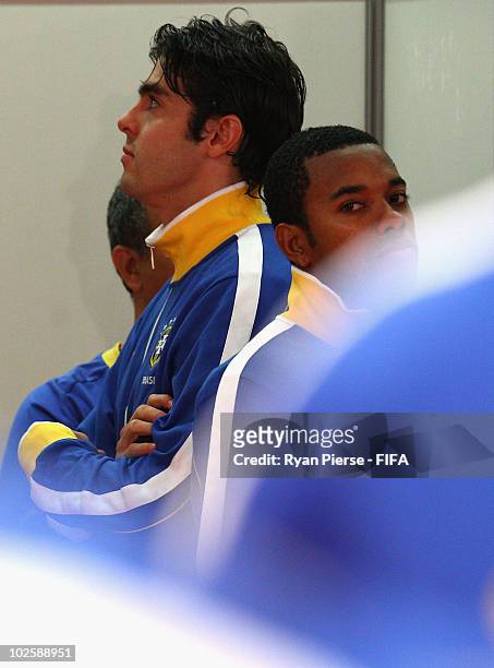 Kaka and Robinho of Brazil look on from the tunnel ahead of the 2010 FIFA World Cup South Africa Quarter Final match between Netherlands and Brazil...