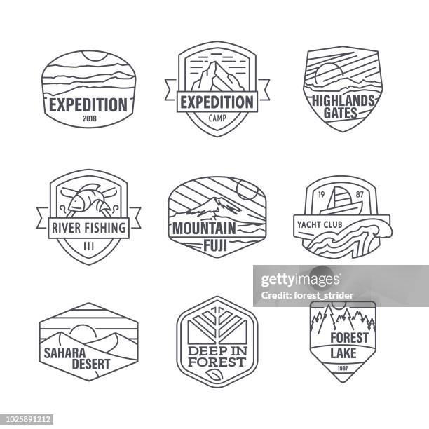 camping and travel editable line icons - vintage banner icon set stock illustrations