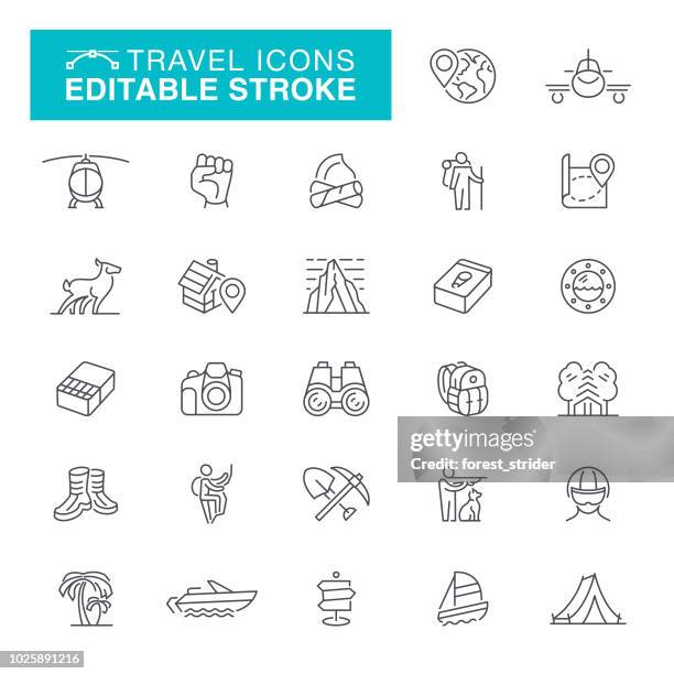 reisen und camping bearbeitbaren zeile symbole - floßfahrt stock-grafiken, -clipart, -cartoons und -symbole