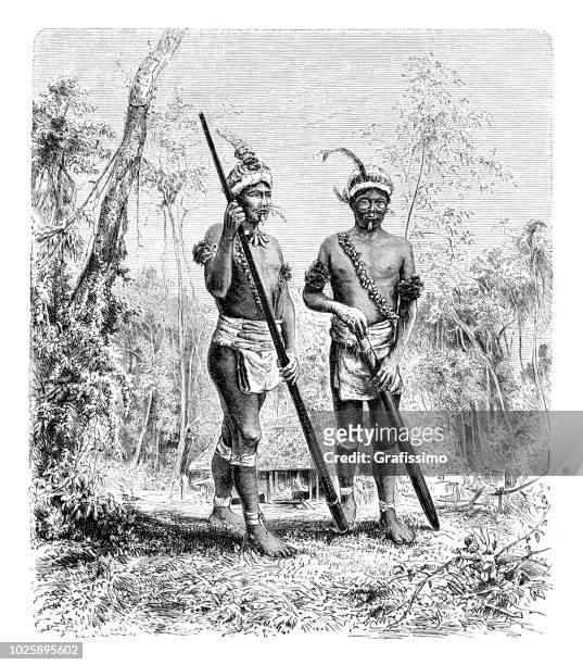 native american indian at amazon rainforest with traditional clothing - amazonas state brazil stock illustrations