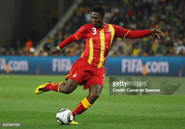 Asamoah Gyan of Ghana in action during the 2010 FIFA World Cup South Africa Quarter Final match between Uruguay and Ghana at the Soccer City stadium...
