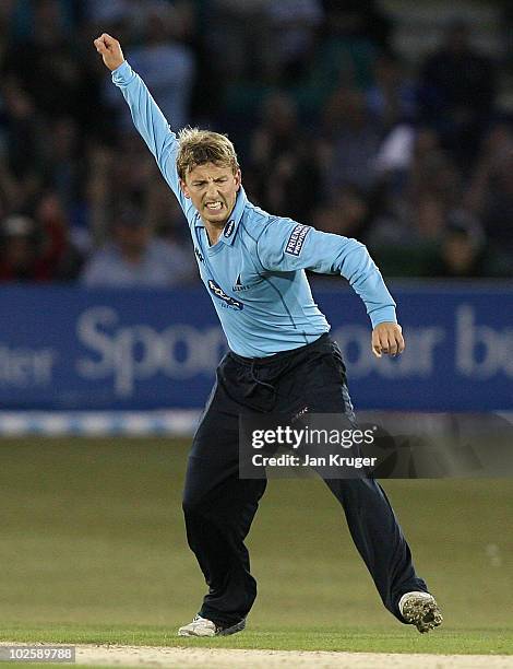 William Beer of Sussex celebrate the wicket of Dawid Malan of Middlesex during the Friends Provident T20 match between Sussex and Middlesex at the...