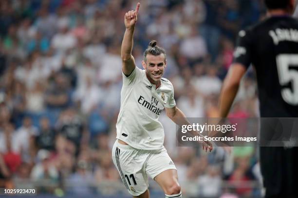 Gareth Bale of Real Madrid celebrates 1-0 during the La Liga Santander match between Real Madrid v Leganes at the Santiago Bernabeu on September 1,...