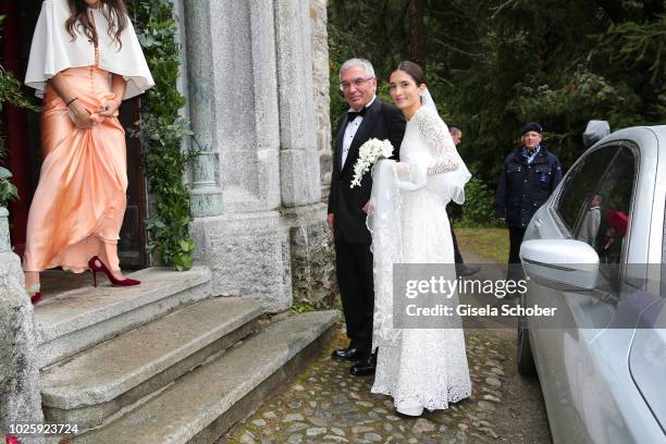 Bride Deniz Kaya and her father Metin Kaya arrive to the wedding of Prince Konstantin of Bavaria and Princess Deniz of Bavaria, born Kaya, at the...