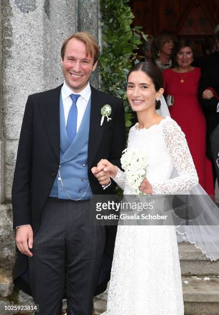 Bridegroom Prince Konstantin of Bavaria and his wife Princess Deniz of Bavaria, born Kaya leave the wedding at the french church 'Eglise au Bois' on...