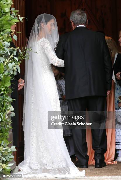 Bride Deniz Kaya and her father Metin Kaya arrive to the wedding of Prince Konstantin of Bavaria and Princess Deniz of Bavaria, born Kaya, at the...