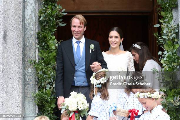 Bridegroom Prince Konstantin of Bavaria and his wife, Bride Princess Deniz of Bavaria born Kaya leave their wedding at the french church 'Eglise au...