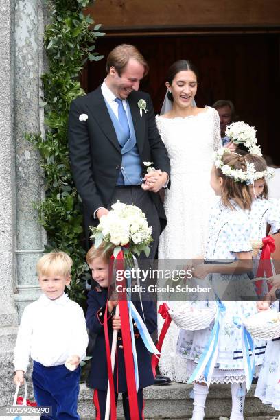 Bridegroom Prince Konstantin of Bavaria and his wife, Bride Princess Deniz of Bavaria born Kaya leave their wedding at the french church 'Eglise au...