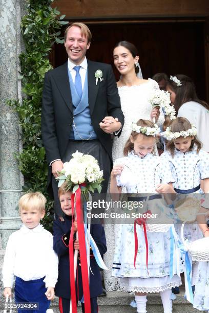 Bridegroom Prince Konstantin of Bavaria and his wife, Bride Princess Deniz of Bavaria born Kaya leave their wedding at the french church 'Eglise au...