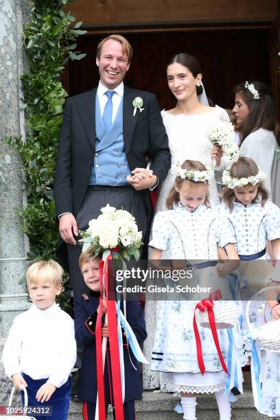 Bridegroom Prince Konstantin of Bavaria and his wife, Bride Princess Deniz of Bavaria born Kaya leave their wedding at the french church 'Eglise au...