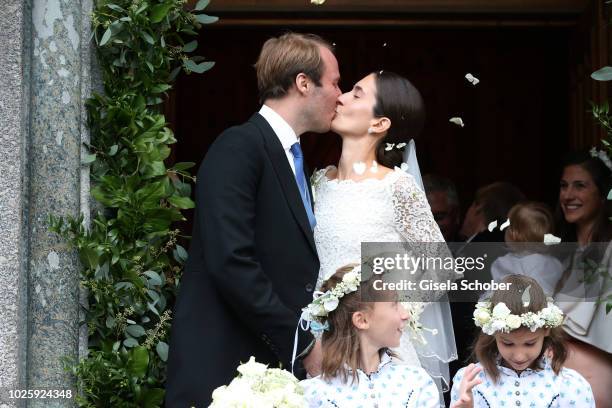 Bridegroom Prince Konstantin of Bavaria and his wife, Bride Princess Deniz of Bavaria born Kaya leave their wedding at the french church 'Eglise au...