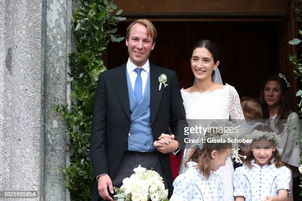 Bridegroom Prince Konstantin of Bavaria and his wife, Bride Princess Deniz of Bavaria born Kaya leave their wedding at the french church 'Eglise au...