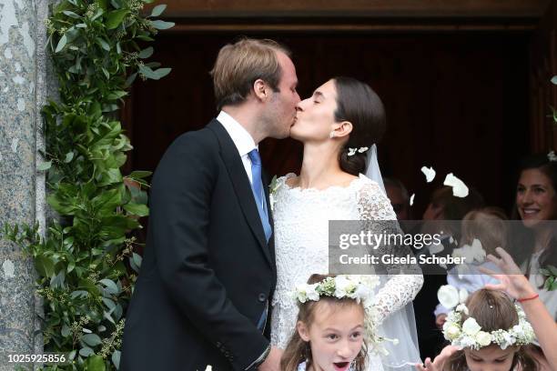 Bridegroom Prince Konstantin of Bavaria and his wife, Bride Princess Deniz of Bavaria born Kaya leave their wedding at the french church 'Eglise au...