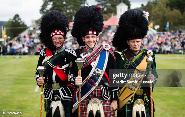 Members of a Scottish band attend the 2018 Braemar Highland Gathering at The Princess Royal and Duke of Fife Memorial Park on September 1, 2018 in...