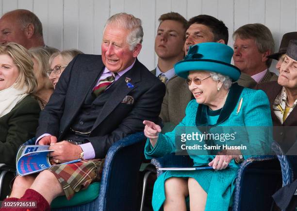 Prince Charles, Prince of Wales and Queen Elizabeth II attend the 2018 Braemar Highland Gathering at The Princess Royal and Duke of Fife Memorial...