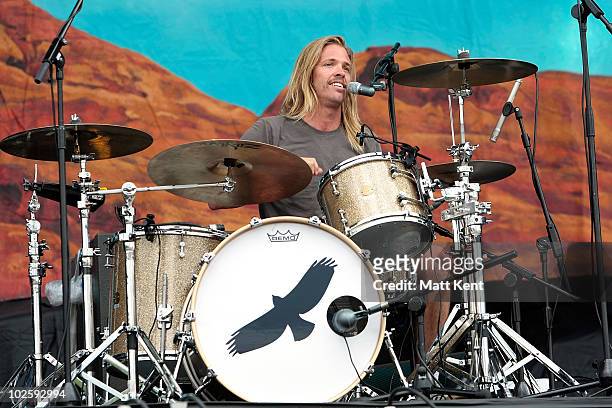 Taylor Hawkins of Taylor Hawkins and the Coattails Riders performs on day 1 of the Barclaycard Wireless Festival at Hyde Park on July 2, 2010 in...