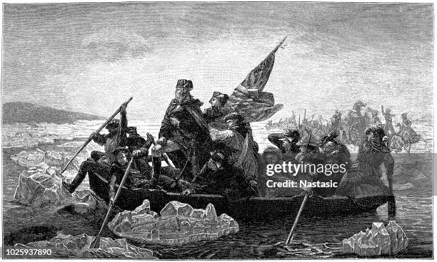 stockillustraties, clipart, cartoons en iconen met amerikaanse president george washington kruising rivier delaware 1882 - amerikaanse onafhankelijkheidsoorlog