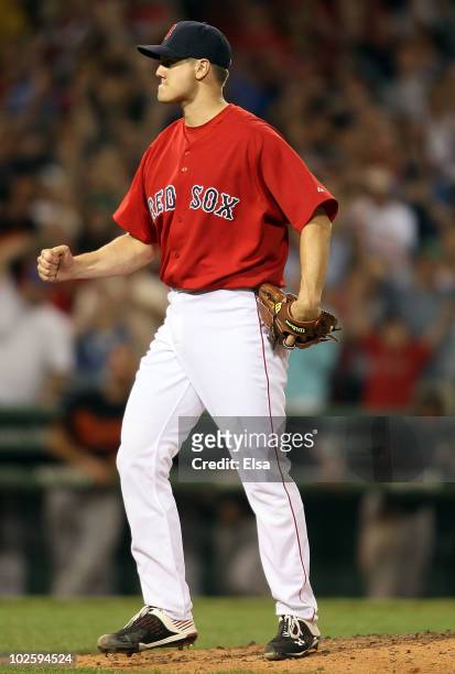 Jonathan Papelbon of the Boston Red Sox celebrates the win over the Baltimore Orioles on July 2, 2010 at Fenway Park in Boston, Massachusetts. The...