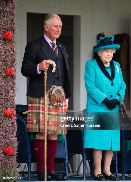 Prince Charles, Prince of Wales and Queen Elizabeth II attend the 2018 Braemar Highland Gathering at The Princess Royal and Duke of Fife Memorial...