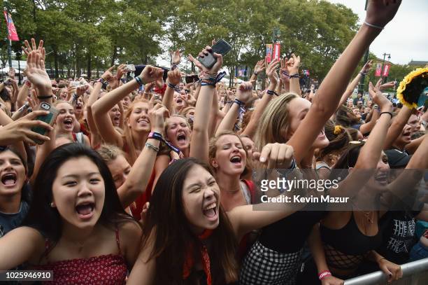 Fans react as The Driver Era perform on the Liberty Stage during the 2018 Made In America Festival - Day 1 at Benjamin Franklin Parkway on September...