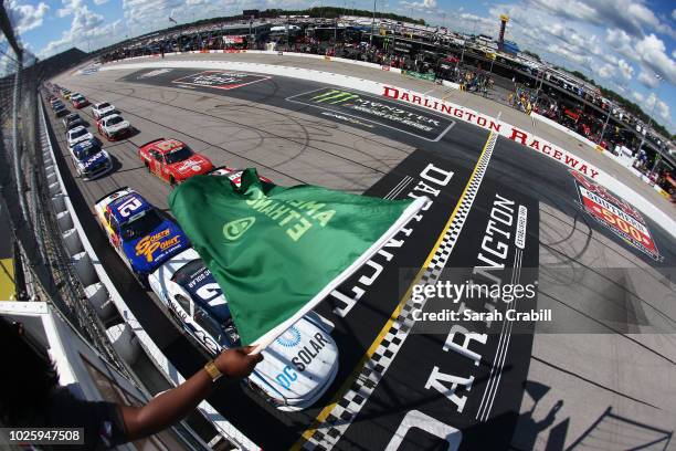 Ross Chastain, driver of the DC Solar Chevrolet, leads the field to green during the NASCAR Xfinity Series Sport Clips Haircuts VFW 200 at Darlington...