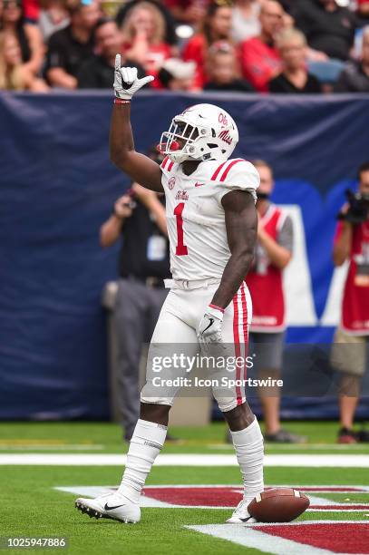 Mississippi Rebels wide receiver A.J. Brown celebrates a touchdown during the AdvoCare Kickoff college football game between the Texas Tech Red...