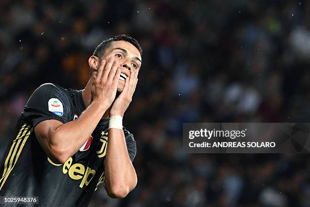 Juventus' Portuguese forward Cristiano Ronaldo reacts during the Italian Serie A football match Parma vs Juventus on September 1, 2018 at Ennio...