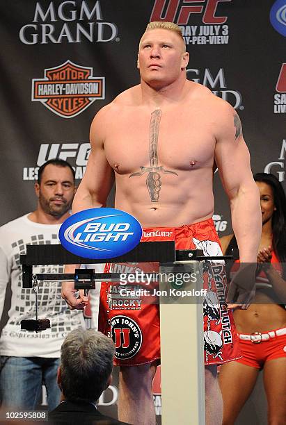 Fighter Brock Lesnar weighs in for his Heavyweight Championship fight against UFC fighter Shane Carwin at UFC 116 on July 2, 2010 in Las Vegas,...