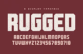 Rugged vector heavy display typeface, font, uppercase letters and numbers, alphabet, typography.