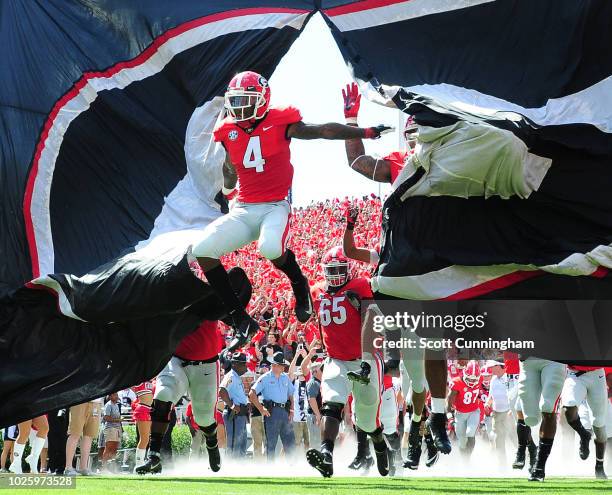 Mecole Hardman of the Georgia Bulldogs takes the field before the game against the Austin Peay Governors on September 1, 2018 in Athens, Georgia.