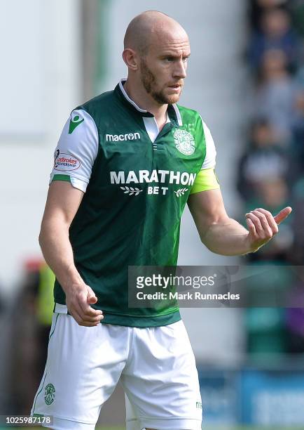 David Gray of Hibernian in action during the Scottish Premier League match between Hibernian and Aberdeen at Easter Road on August 25, 2018 in...
